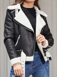 Skóra skóra damska jesienna zima sztuczna faurling owczacza płaszcz motocyklowy damski streetwear gęsta ciepła zamszowa kurtka jagnięce z paskiem