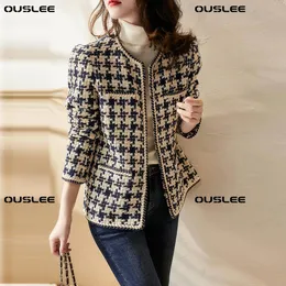 Misto lana da donna OUSLEE Blazer da donna Elegante tessuto scozzese con tasca e fodera Autunno Inverno Causale Cappotto in tweed Giacca da ufficio da donna 230824