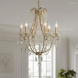 Chandeliers Antique Silver Crystal Chandelier American Farmhouse Duplex Villa Rotating Staircase Hanging Lamp LED Cristal Light