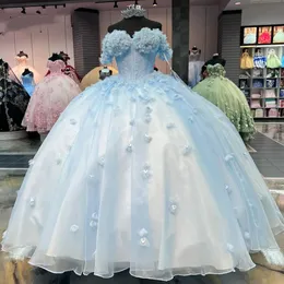 De Meninas 15 Anos Porno 2023 Sky Blue Applique Quinceanera Dresses Dresses Ball Gownは女性のために肩から膨らみます