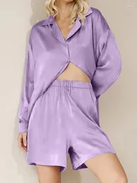Vêtements de nuit pour femmes Linad Pyjamas lâches pour femmes 2 pièces Ensembles Violet Manches longues Femme Costumes décontractés avec shorts 2023 Automne Homewear