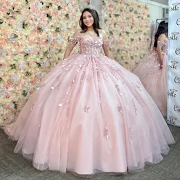 Princess Pink Quinceanera Dresses 2023 Crystal Lace Applique Lace Up Prom Party Gowns Vestidos de 15 Anos för tjej