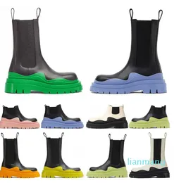 Damen-Herrenstiefel, Luxus-Reifen-Leder-Chelsea-Damenstiefeletten, rutschfeste, wellenfarbene Gummistiefel mit elastischem Gurtband, cremegrüne Designer-Schuhe