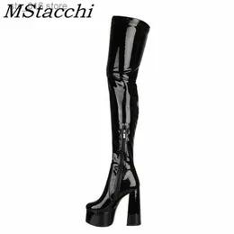 Stiefel Mstacchi Damen Oberschenkelhohe Stiefel Glitzerndes Lackleder Hohe Plateaustiefel Sexy Einfarbige High Heels Schuhe Damen Hohe Stiefel T230824