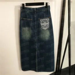女性ファッションデニムドレスハイウエストロングスカートデザインポケット刺繍パターンスプリットスカートストリートウェア
