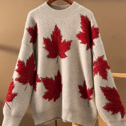 Kvinnors tröjor Maple Leaf Mönsterpanel Oneck Sticke Pullover Loose Casual Sweater Top 230824