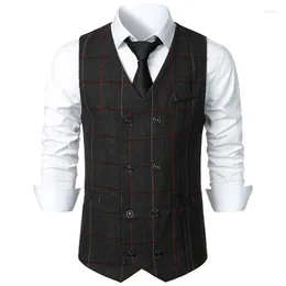 Men's Vests Vintage Western Plaid Suit Vest Men 2023 Brand Double Breasted Tweed Waistcoat Party Wedding Prom For Chaleco