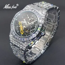 Wristwatches Luxury Automatic Watch For Men Hip Hop Diamond Skeleton Mechanical relogio masculino Ice Out waterproof Man Watches Drop 230824