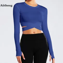 Women's T-Shirt Aiithuug Miidriff Long Sleeve Yoga Tops Sports Fitness Crop Top Gym Shirts Slim Fit Running Tank Tops Criss Cross Waist Cross 230825