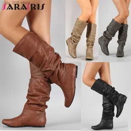 Bottes SARAIRIS nouvelle grande taille 34-51 solide plissé sans lacet dame hauteur augmentant chaussures femme décontracté fête hiver printemps mi-mollet bottes T230824