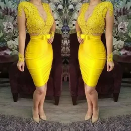 Yellow Homecoming Cocktail Dress V Neck Long Sleeves Lace Appliques Sheath Short Prom Party Gowns Robe De Soiree