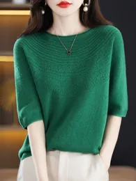 Women's Sweaters 2023 Spring And Autumn ShortSleeved Woolen Sweater Women Round Neck HalfSleeved Summer Slim Cashmere Thin knit 230824