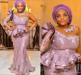 Rosa arabo Aso Ebi maniche lunghe donna abiti da sera formale chic applicazioni di pizzo plus size secondo ricevimento abito da ballo volant sirena compleanno fidanzamento abito CL2742