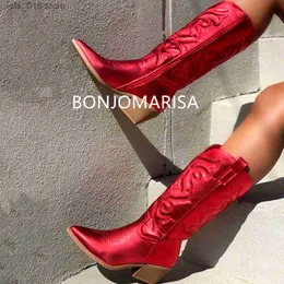 Wide pontogada Sier Metallic Toe Women Cowboy para bezerro Botas ocidentais com zíper bordado com calcanhar empilhado Wedding Spring Shoes T230824 987