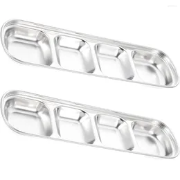 Plates 2 Pcs Stainless Steel 4 Compartments Sauce Dish Container Snack Plate Condiment Dipping