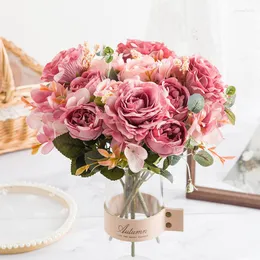 Decorative Flowers Artificial Retro Silk Rose Bouquet Hydrangea Peony Vintage Bride Holding Fake Flower Home Wedding Garden Decoration