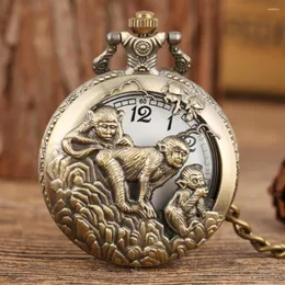 Pocket Watches Bronze Chinese Zodiac Monkey Watch Retro Pendant Necklace Fob Chain Half Antique Clock Unisex Gifts