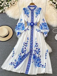 Abiti casual di base Moda blu e bianco con stampa floreale in porcellana Dres Abbigliamento Manica lunga a lanterna Cintura monopetto Abiti vintage 230824