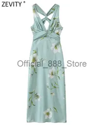 Zevity Women Fashion Deep V Neck Flower Print Sling Midi Dress Memale Chic Backless Side Zipper Party Vestidos DS4845 X0825