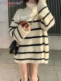 Vestidos Aelegantmis Suéter de cuello alto de rayas blancas y negras para mujer Jersey suelto Jersey de gran tamaño para mujer Otoño Invierno Casual prendas de punto Vintage