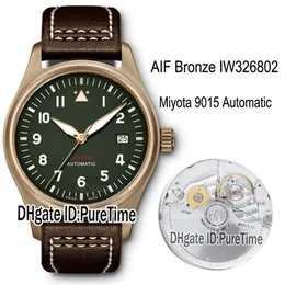 AIF Spitfire Automatic Bronze IW326802 Miyota 9015自動メンズウォッチグリーンダイヤルブラウンレザーホワイトラインウォッチ版P255D