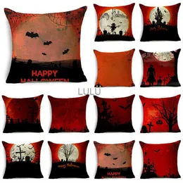 Red Halloween Night Moon Graveyard Bat Scarecrow Linen Throw Pudowcase Decorative Cushion Cover för SOFA Living Room Party HKD230825 HKD230825