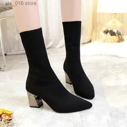 Модная лодыжка New 2021 Boots Women Shoe Elastic Nock Boot Chunky High Hells Etrenge Sexy Booties Упомянутые пальцы плюс 41 43 FDF8 IES