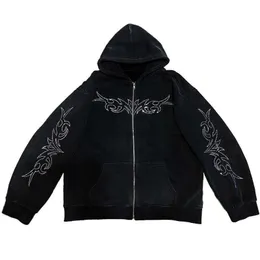 Herrtröjor tröjor halloween 2023 hösten/vintern ny hoodie besättningshals Löst brev järnborr blixtlås hoodie våffla t230825