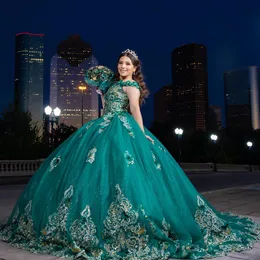 Dark Green Quinceanera Dresses Off Shoulder Lace Applique Sequin Sweet 16 Dress Short Sleeves Vestidos De 15 Anos