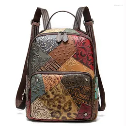 Skolväskor färgglada lapptäcke ryggsäck för kvinnor äkta läder resor flickor damer dagpack nationell stil väska