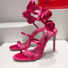 RENE CAOVILLA SANDAL FUCHSIAフラワーウェディングシューズヘビストラススティレットサンダル95mmイブニングシューズレディースアンクルラップアラウンドラグジュアリーデザイナーパーティードレスシューズ