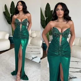 Mermaid Evening Green Dresses Beads Collar Heckhole Party Prom pregas divididas Vestido formal de tapete vermelho longo para OCN especial