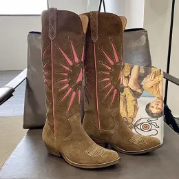 Suede embroidery Western Biker Cowboy Boots chunky heel fashion retro Half Boot Tall barrel Knight Booties luxury designers shoe for women factory footwear