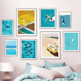 Leinwandgemälde, Strand, Wal, Surfer, Wandkunst, Surfbrett, Schwimmbad, Poster und Drucke, minimalistische Bilder für Wohnzimmer, Schlafzimmer, Dekor, Geschenk, ohne Rahmen, Wo6