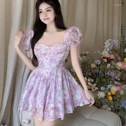 Casual Dresses Korean Summer Square Neck Kort ärm Bubble Hög midja Slim Puffy Flower Dress Sweet Girls A-Line Princess