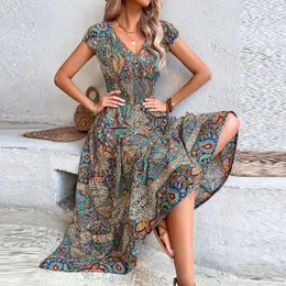 Basic Casual Dresse Vintage Print Maxi Dresses Summer V Neck Kort ärm Elastisk midjeklänning Kvinnlig Boho Beach Big Swing Long 230824