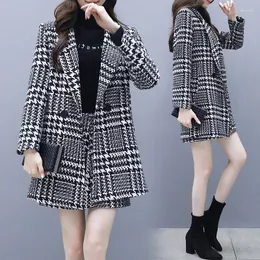 فساتين العمل في الربيع والخريف الكوري للأزياء Houndstooth Long Wool Jacket Jack