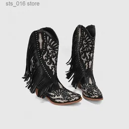 Ковбоя для Cowgirls Женщины Fringe Bling Western Boots Slip On Med Calf Shoes Lummer осень винтаж ретро -коричневый повседневный T230824 D59D9