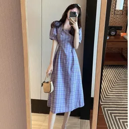 Party Dresses Jane Deiune 2023 Summer Women French Vintage Square Collar Collect midjeklänning Lady Short Sleeve Plaid Elegant Vestido