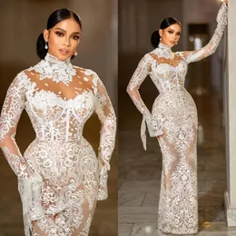 متواضع عالي الرقبة فساتين الزفاف وهم دانتيل طويل الأكمام من الدانتيل Aso ebi العربية العرائس Vestidos de Novia 328 328