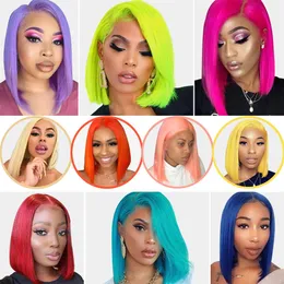 Ishow 13x1 T Part Lace Human Hair Wigs Brazilian Straight Short Bob Wig 99j 613 Blonde Color Pink Green Red Blue Ginger Ombre for 303Z