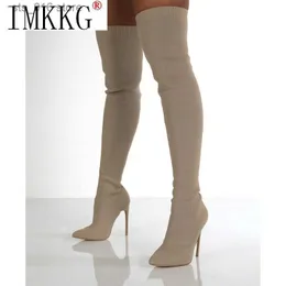 Über Frauen sexy Oberschenkel der 2021 Stretch Elastic Knie High Heels Sockenstiefel neue Botas de Mujer Größe 36-43 T230824 551