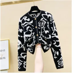 Novo design feminino o-pescoço manga longa leopardo impressão mohair lã camisola de malha cardigan casaco casacos plus size sml218g