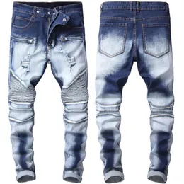 Kleine, gerade, schmal geschnittene, plissierte Motorradjeans für Herren, Stretch, weiß, zerrissene Jeans256i