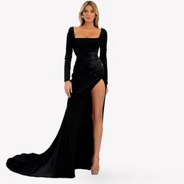 أسود فيلفيت حورية البحر سهرة فساتين مربعة الرقبة طويلة الأكمام طويلة ثوب المشاهير انقسام فستان الذكرى السنوية