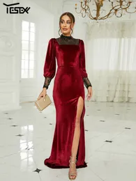 Basic Casual Dresses Yesexy Chic Elegant Woman Stand Collar Bishop Sleeve Velvet Split Burgundy Prom Evening Dress 230824