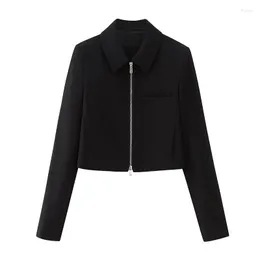 Ternos femininos europeus outono e inverno 2023 casual manga comprida zip curto blazer fino preto sexy blusa elegante