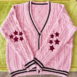 Kurtka damska jesienna tay zima na dzianina różowy swetra kaset V Długie rękaw otwarte przednie dzianiny guziki gwiazdy w dół jumper Swif t Knitwear 230824