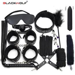 Bondage Sexy Leather BDSM Kits Plush Sex Bondage Set Handbojor Sex Games Whip Gag Nipple Clamps Sex Toys For Par Exotic Accessories 230825