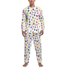 Pijamas masculinos cão pow arte pijamas manga longa colorido pawprints 2 peças conjunto casual primavera design masculino legal